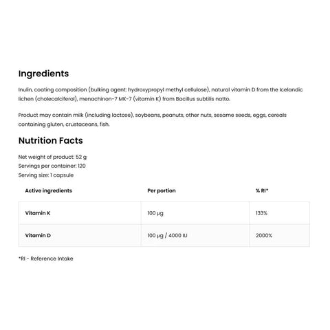 Vitamin D3 4000 IU + K2 VEGE (100 Capsules)