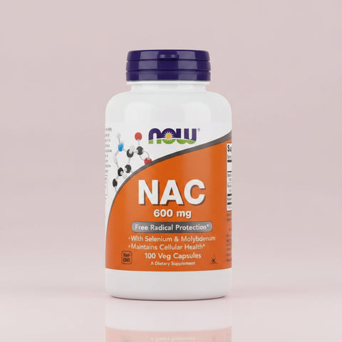 Supplement bottle labeled 'NAC 600 mg' with Now brand logo on an orange and white label.