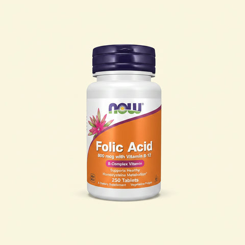 Folic acid supplement bottle with Now brand on a white background
