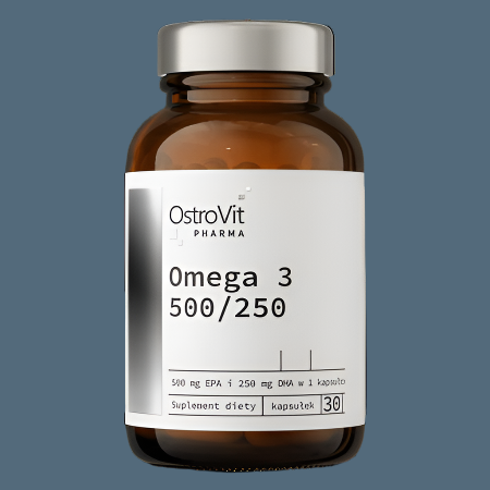 Brown bottle of OstroVit Omega 3 supplement on a white background