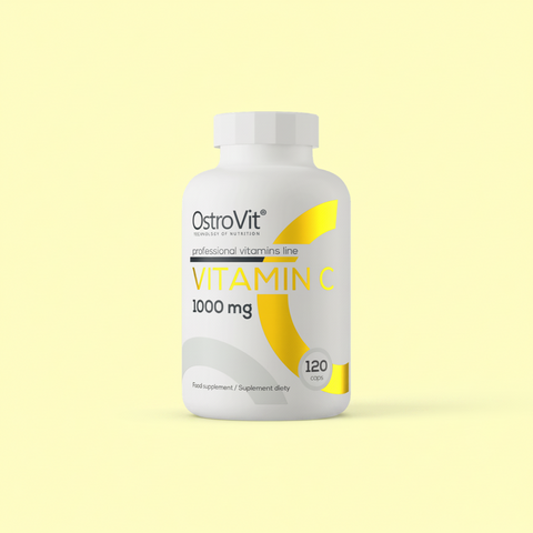 OstroVit Vitamin C 1000 mg supplement bottle on a light yellow background