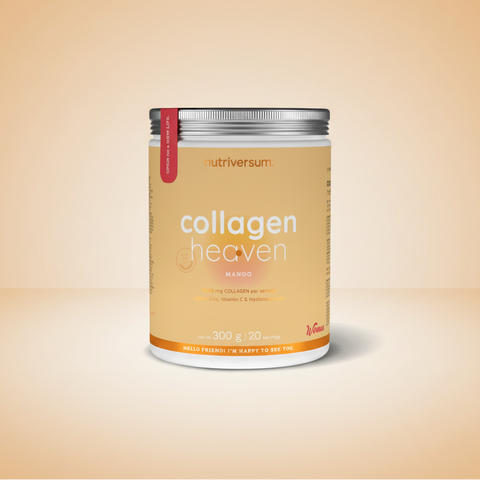 Collagen powder container labeled 'Collagen Heaven' by Nutriversum on a white background