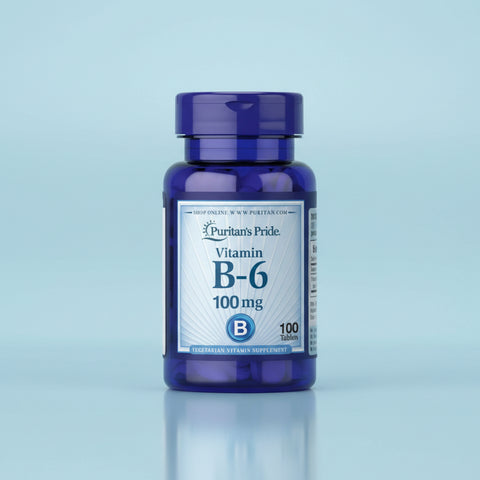Vitamin B-6 supplement bottle with purple cap and label
